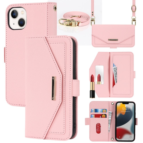 iPhone 13 Cross Texture Lanyard Leather Phone Case - Pink