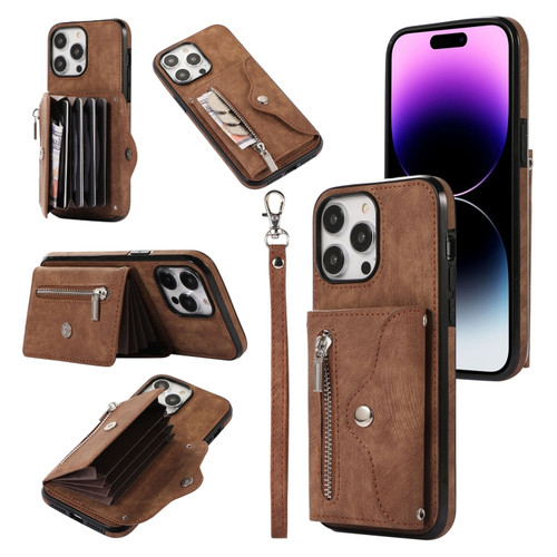 iPhone 13 Zipper RFID Card Slot Phone Case with Short Lanyard - Brown