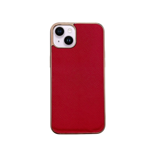 iPhone 13 Nano Electroplating Cross Texture Genuine Leather Phone Case - Red