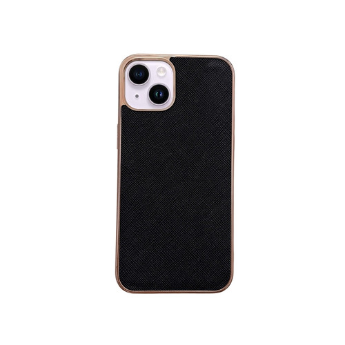 iPhone 13 Nano Electroplating Cross Texture Genuine Leather Phone Case - Black