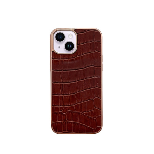 iPhone 13 Nano Electroplating Crocodile Texture Genuine Leather Phone Case - Coffee Brown