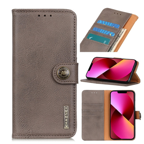 iPhone 13 KHAZNEH Cowhide Texture Horizontal Flip Leather Case with Holder & Card Slots & Wallet - Khaki