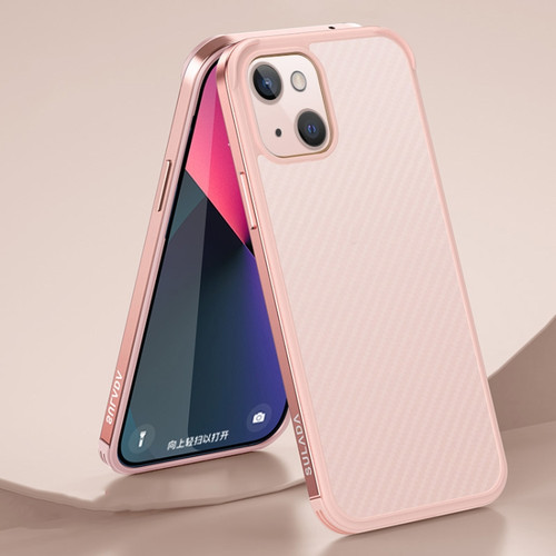 iPhone 13 SULADA Luxury 3D Carbon Fiber Textured Metal + TPU Frame Phone Case - Pink