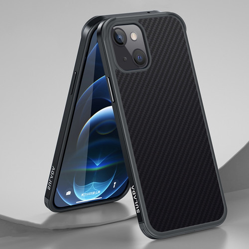 iPhone 13 SULADA Luxury 3D Carbon Fiber Textured Metal + TPU Frame Phone Case - Black