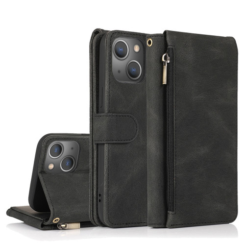 iPhone 13 Skin-feel Crazy Horse Texture Zipper Wallet Bag Horizontal Flip Leather Case with Holder & Card Slots & Wallet & Lanyard - Black