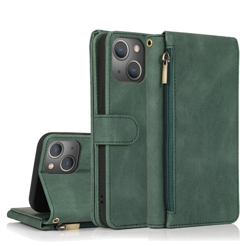 iPhone 13 Skin-feel Crazy Horse Texture Zipper Wallet Bag Horizontal Flip Leather Case with Holder & Card Slots & Wallet & Lanyard - Dark Green