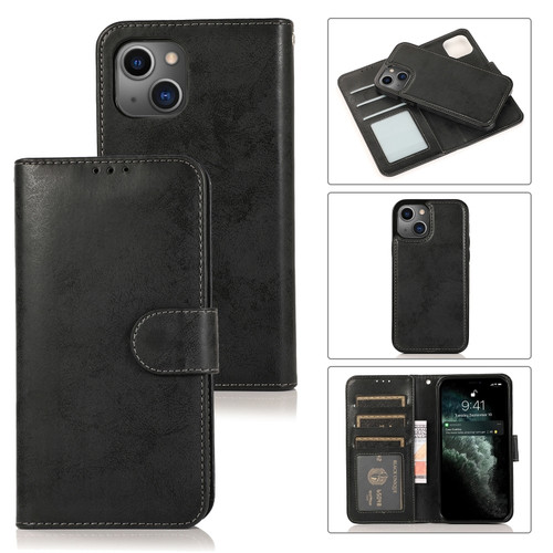 iPhone 13 Retro 2 in 1 Detachable Horizontal Flip Leather Case with Card Slots & Wallet - Black