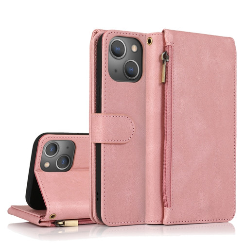 iPhone 13 Skin-feel Crazy Horse Texture Zipper Wallet Bag Horizontal Flip Leather Case with Holder & Card Slots & Wallet & Lanyard - Rose Gold