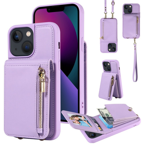 iPhone 13 Crossbody Lanyard Zipper Wallet Leather Phone Case - Purple