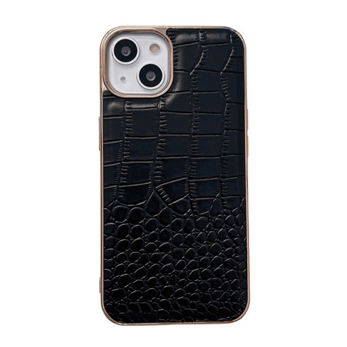 iPhone 13 Crocodile Texture Genuine Leather Nano Electroplating Phone Case - Black