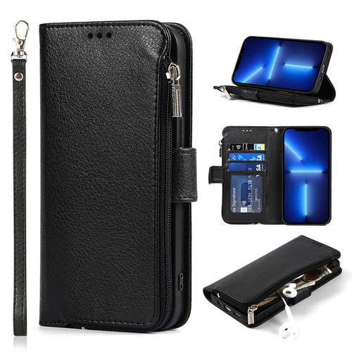 iPhone 13 Microfiber Zipper Horizontal Flip Leather Case with Holder & Card Slots & Wallet - Black