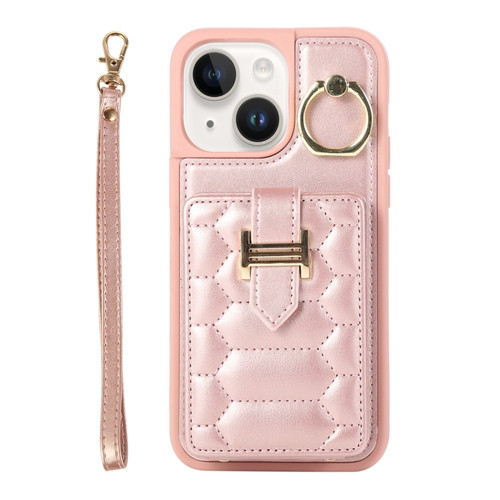 iPhone 13 Vertical Card Bag Ring Holder Phone Case with Dual Lanyard - Rose Gold