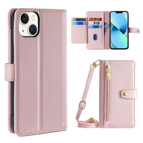 iPhone 13 Sheep Texture Cross-body Zipper Wallet Leather Phone Case - Pink