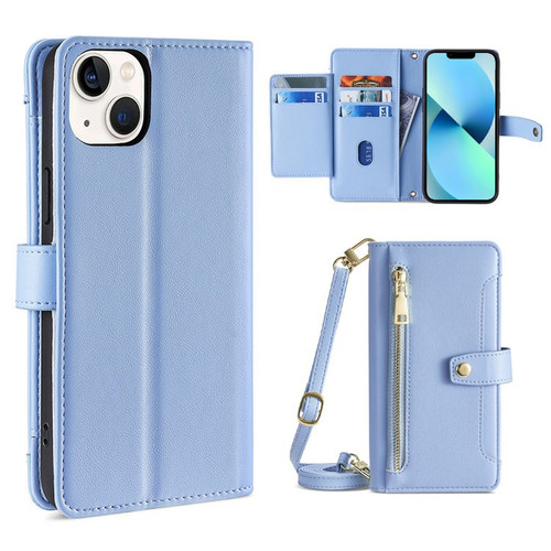 iPhone 13 Sheep Texture Cross-body Zipper Wallet Leather Phone Case - Blue