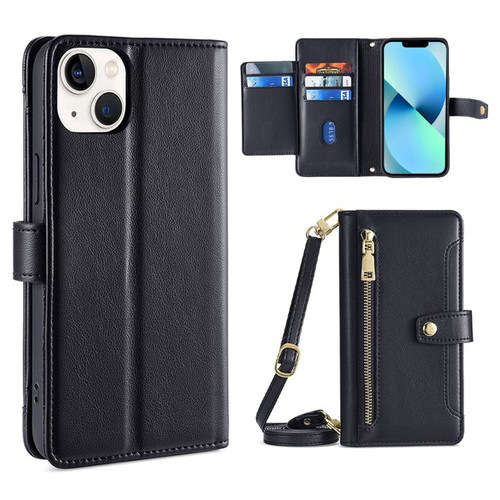 iPhone 13 Sheep Texture Cross-body Zipper Wallet Leather Phone Case - Black
