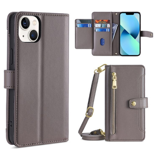 iPhone 13 Sheep Texture Cross-body Zipper Wallet Leather Phone Case - Grey