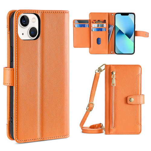 iPhone 13 Sheep Texture Cross-body Zipper Wallet Leather Phone Case - Orange