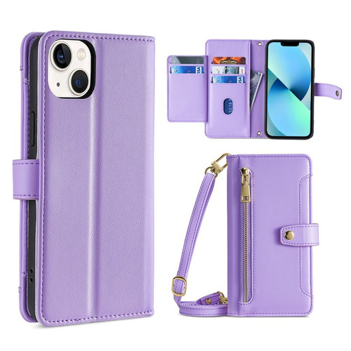 iPhone 13 Sheep Texture Cross-body Zipper Wallet Leather Phone Case - Purple