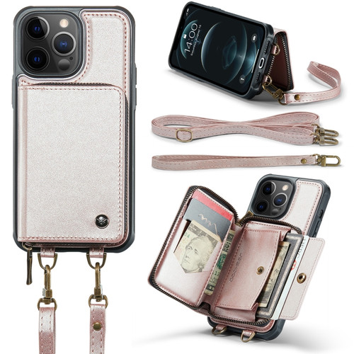 iPhone 12 Pro Max JEEHOOD C22 Series Zipper Wallet Leather Phone Case with Dual Lanyard - Rose Gold