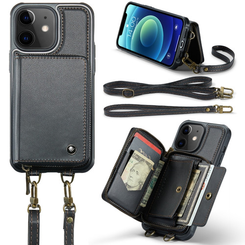 iPhone 12 JEEHOOD C22 Series Zipper Wallet Leather Phone Case with Dual Lanyard - Black