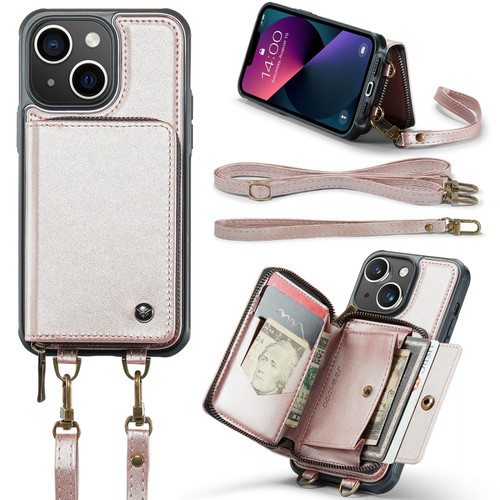 iPhone 13 JEEHOOD C22 Series Zipper Wallet Leather Phone Case with Dual Lanyard - Rose Gold