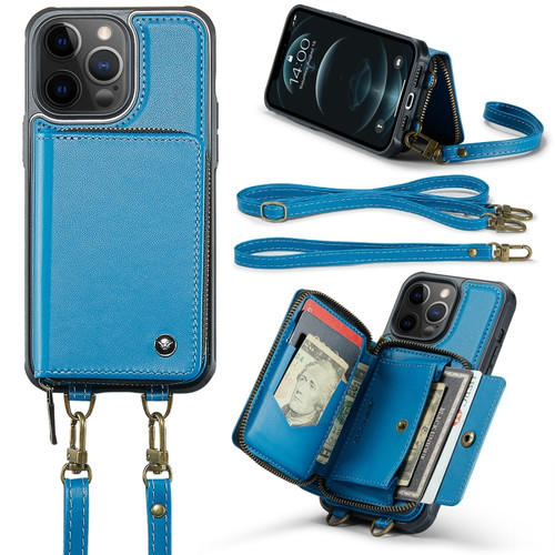 iPhone 12 Pro Max JEEHOOD C22 Series Zipper Wallet Leather Phone Case with Dual Lanyard - Blue