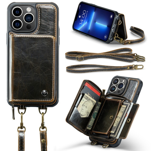 iPhone 13 Pro Max JEEHOOD C22 Series Zipper Wallet Leather Phone Case with Dual Lanyard - Coffee