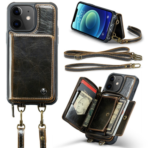 iPhone 12 JEEHOOD C22 Series Zipper Wallet Leather Phone Case with Dual Lanyard - Coffee