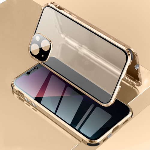 iPhone 13 Four-corner Shockproof Anti-peeping Magnetic Metal Frame Double-sided Tempered Glass Case - Gold
