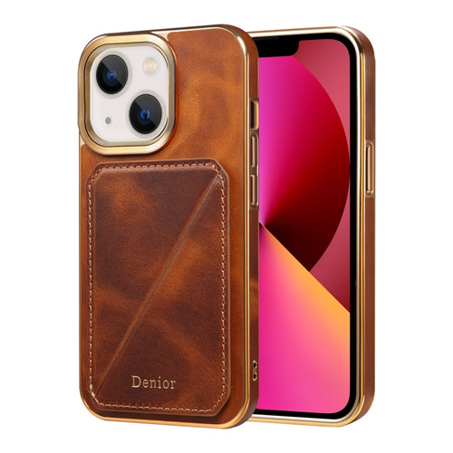 iPhone 13 Denior Oil Wax Leather Electroplating Card Slot Holder Phone Case - Brown