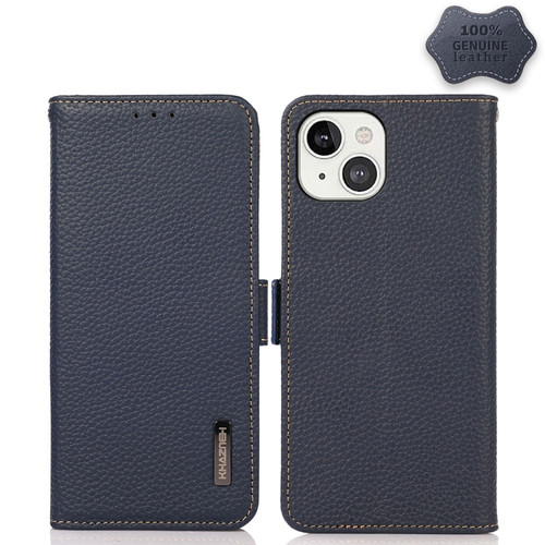 iPhone 13 KHAZNEH Side-Magnetic Litchi Genuine Leather RFID Case - Blue