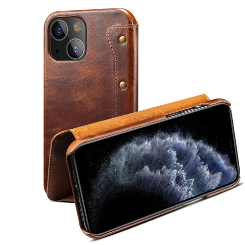 iPhone 13 Denior Oil Wax Top Layer Cowhide Simple Flip Leather Case - Brown