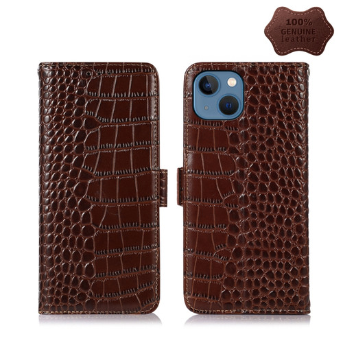 iPhone 13 Crocodile Top Layer Cowhide Leather Phone Case - Brown