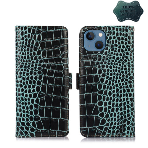 iPhone 13 Crocodile Top Layer Cowhide Leather Phone Case - Green