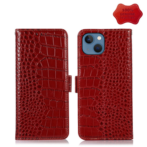iPhone 13 Crocodile Top Layer Cowhide Leather Phone Case - Red