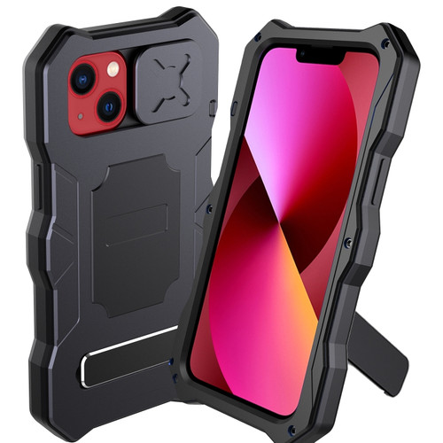 iPhone 13 Metal + Silicone Sliding Camshield Holder Phone Case - Black