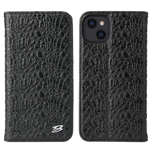 iPhone 13 Fierre Shann Crocodile Texture Magnetic Horizontal Flip Genuine Leather Case with Holder & Card Slot - Black