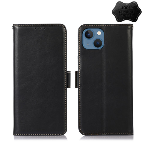 iPhone 13 Crazy Horse Top Layer Cowhide Leather Phone Case - Black