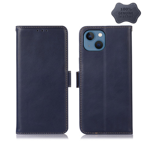 iPhone 13 Crazy Horse Top Layer Cowhide Leather Phone Case - Blue
