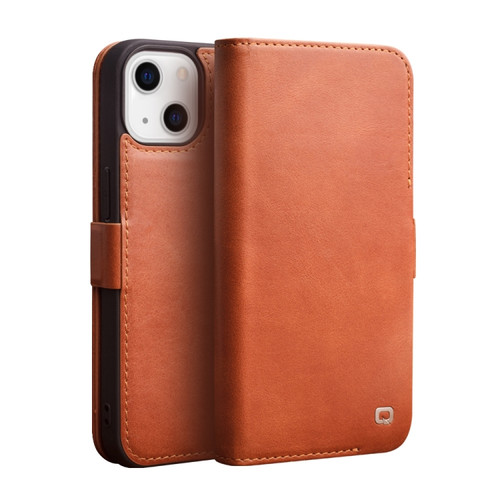 iPhone 13 QIALINO Magnetic Buckle Leather Phone Case - Brown