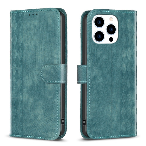 iPhone 15 Pro Max Plaid Embossed Leather Phone Case - Green