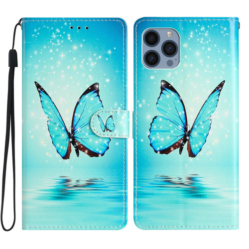 iPhone 15 Pro Max Colored Drawing Leather Phone Case - Blue Butterfly