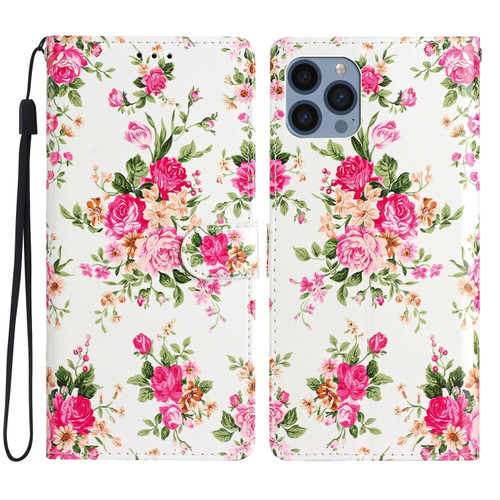 iPhone 15 Pro Max Colored Drawing Leather Phone Case - Peonies
