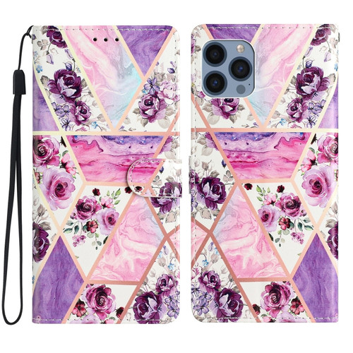 iPhone 15 Pro Max Colored Drawing Leather Phone Case - Purple Marble