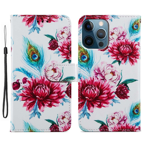 iPhone 15 Pro Max Colored Drawing Leather Phone Case - Peacock Flower