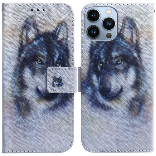 iPhone 15 Pro Max Coloured Drawing Flip Leather Phone Case - White Wolf