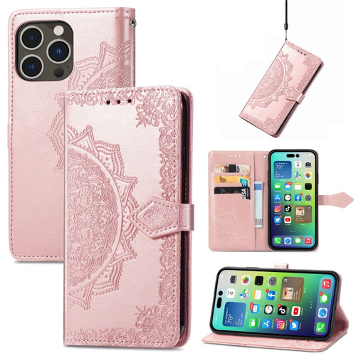 iPhone 15 Pro Max Mandala Flower Embossed Leather Phone Case - Rose Gold
