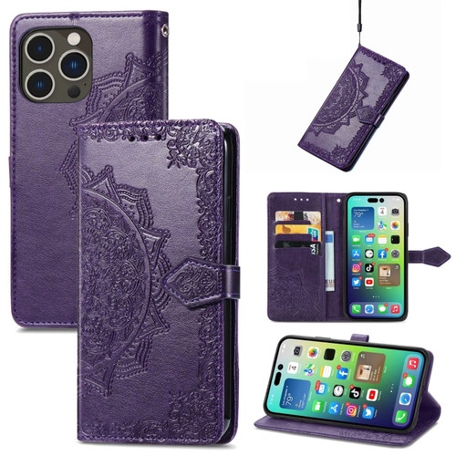 iPhone 15 Pro Max Mandala Flower Embossed Leather Phone Case - Purple