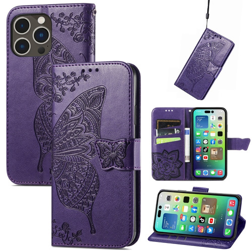 iPhone 15 Pro Max Butterfly Love Flower Embossed Leather Phone Case - Dark Purple