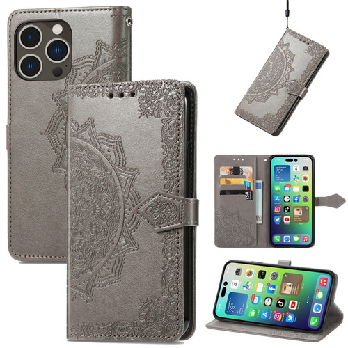 iPhone 15 Pro Max Mandala Flower Embossed Leather Phone Case - Gray